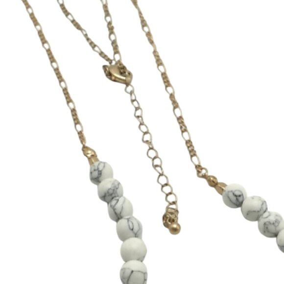 Long Marbled Beaded Statement Necklace with Gold-tone Textured Bar Pendants - Picture 14 of 16